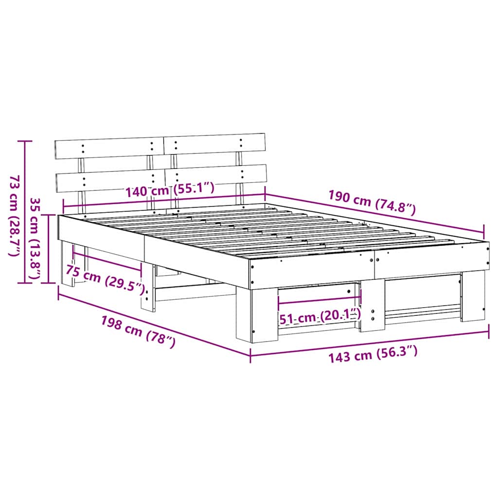vidaXL Bed Frame with Headboard White 140 x 190 cm Solid Pine Wood