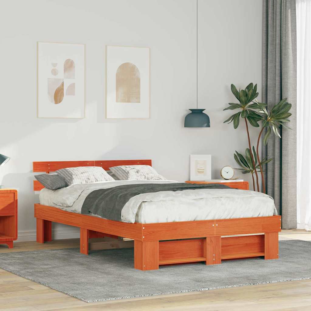 vidaXL Bed Frame with Headboard Wax Brown 140 x 190 cm Solid Pine Wood