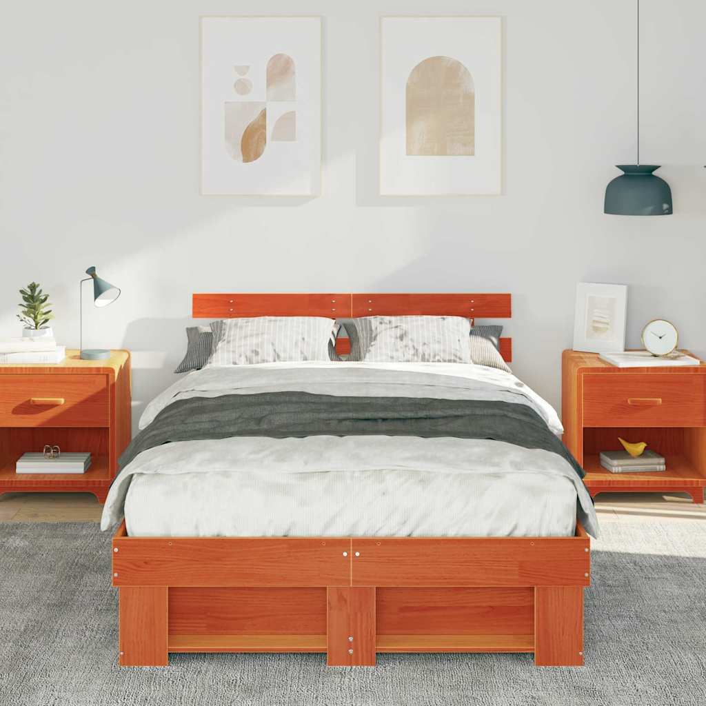 vidaXL Bed Frame with Headboard Wax Brown 135 x 190 cm Solid Pine Wood