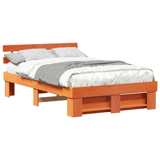 vidaXL Bed Frame with Headboard Wax Brown 135 x 190 cm Solid Pine Wood