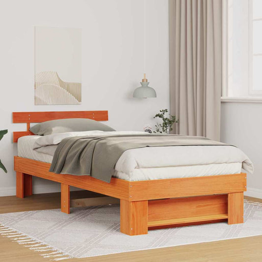 vidaXL Bed Frame with Headboard Wax Brown 100 x 200 cm Solid Pine Wood
