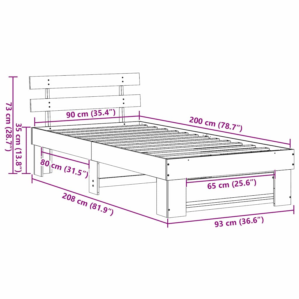 vidaXL Bed Frame with Headboard Wax Brown 90 x 200 cm Solid Pine Wood