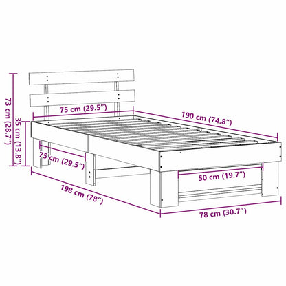 vidaXL Bed Frame with Headboard Wax Brown 75 x 190 cm Solid Pine Wood