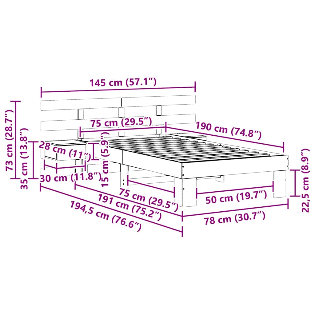 vidaXL Bed Frame with Headboard White 75 x 190 cm Solid Pine Wood