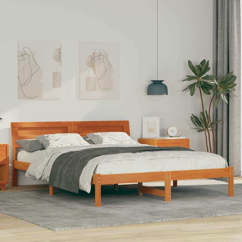 vidaXL Bed Frame with Headboard Wax Brown 150 x 200 cm Solid Pine Wood