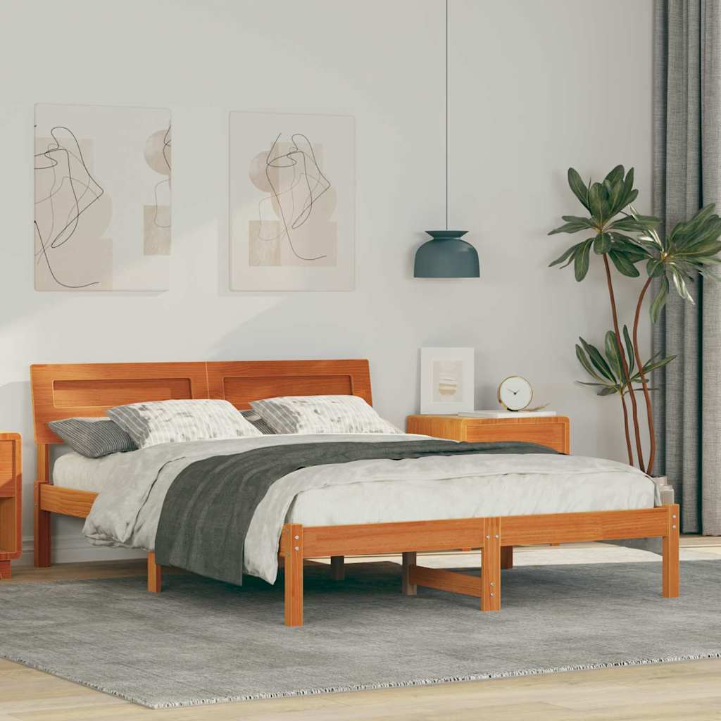 vidaXL Bed Frame with Headboard Wax Brown 140 x 190 cm Solid Pine Wood