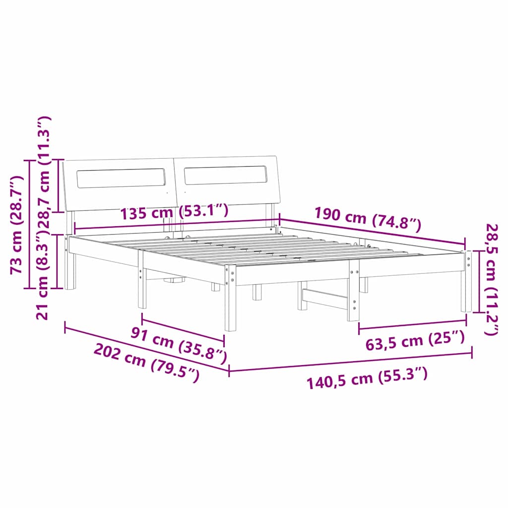 vidaXL Bed Frame with Headboard White 135 x 190 cm Solid Pine Wood