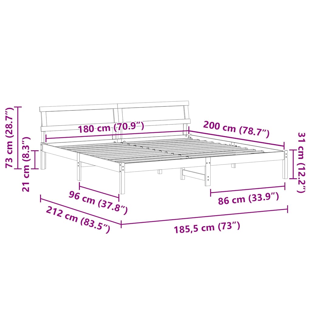 vidaXL Bed Frame with Headboard Wax Brown 180 x 200 cm Solid Pine Wood