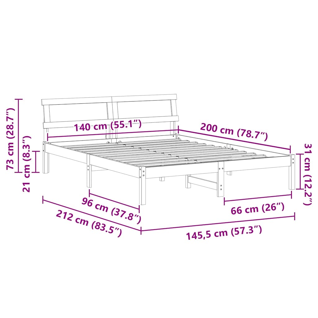 vidaXL Bed Frame with Headboard Wax Brown 140 x 200 cm Solid Pine Wood