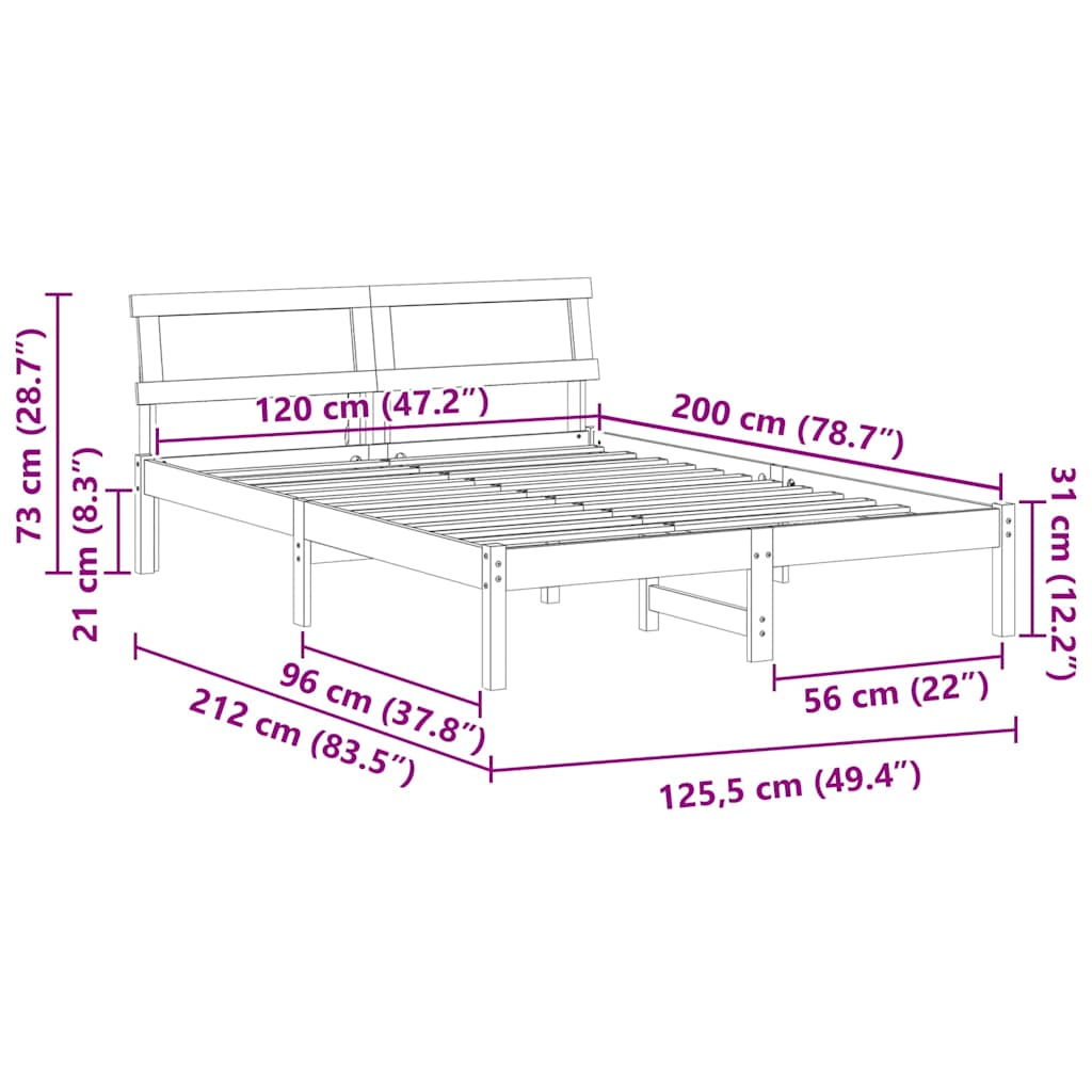 vidaXL Bed Frame with Headboard White 120 x 200 cm Solid Pine Wood