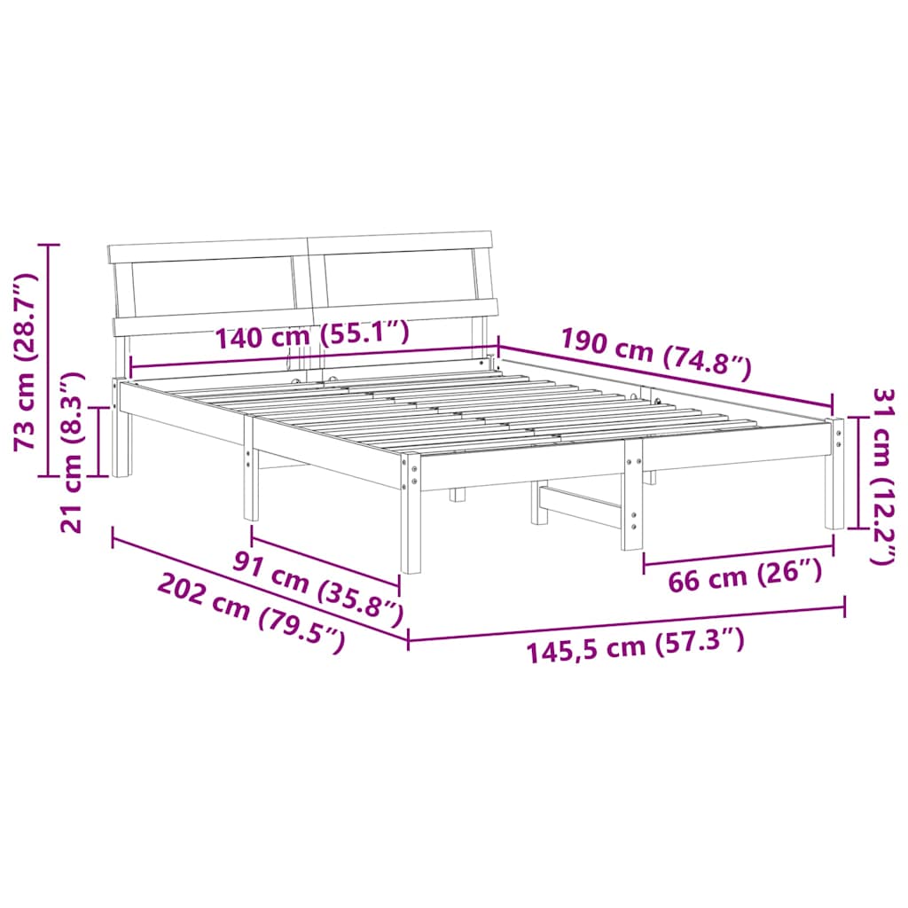 vidaXL Bed Frame with Headboard Brown 140 x 190 cm Solid Pine Wood