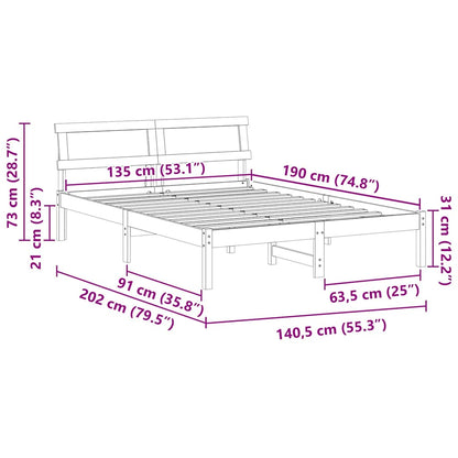 vidaXL Bed Frame with Headboard Brown 135 x 190 cm Solid Pine Wood
