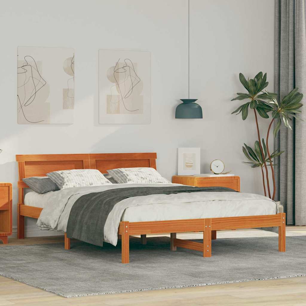vidaXL Bed Frame with Headboard Wax Brown 135 x 190 cm Solid Pine Wood