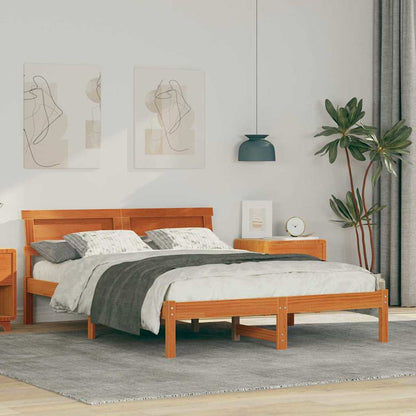vidaXL Bed Frame with Headboard Wax Brown 135 x 190 cm Solid Pine Wood