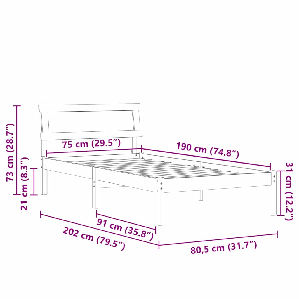 vidaXL Bed Frame with Headboard White 75 x 190 cm Solid Pine Wood