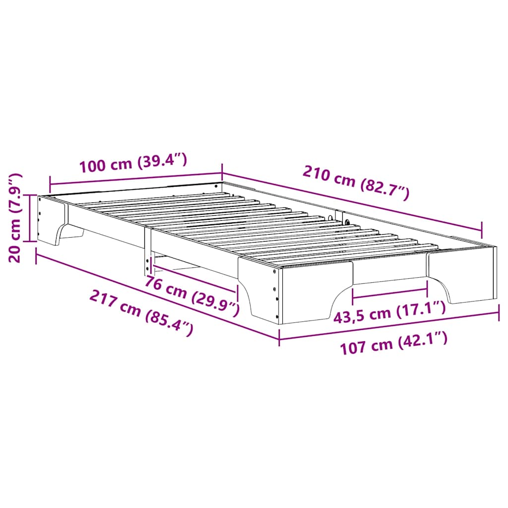 vidaXL Bed Frame Brown 100 x 210 cm Solid Pine Wood