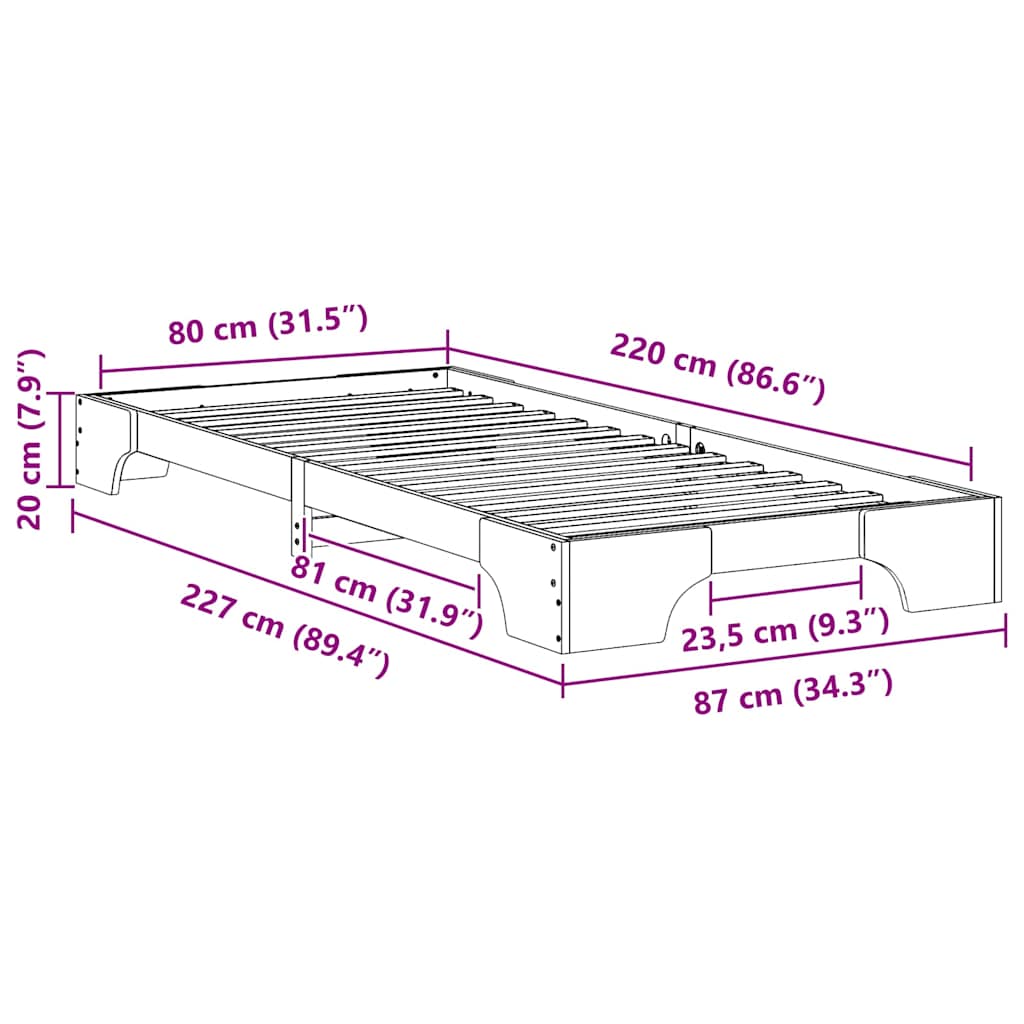 vidaXL Bed Frame Brown 80 x 220 cm Solid Pine Wood