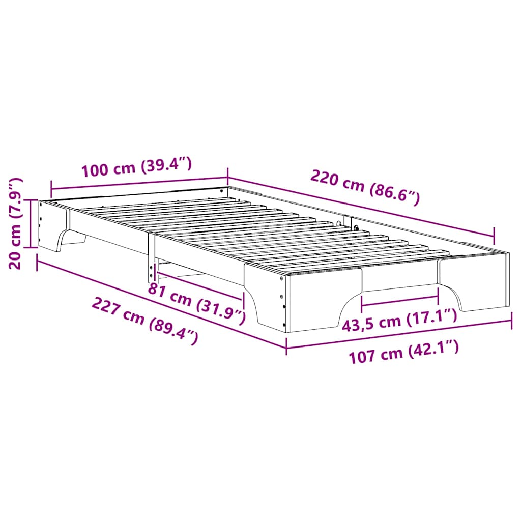 vidaXL Bed Frame Brown 100 x 220 cm Solid Pine Wood