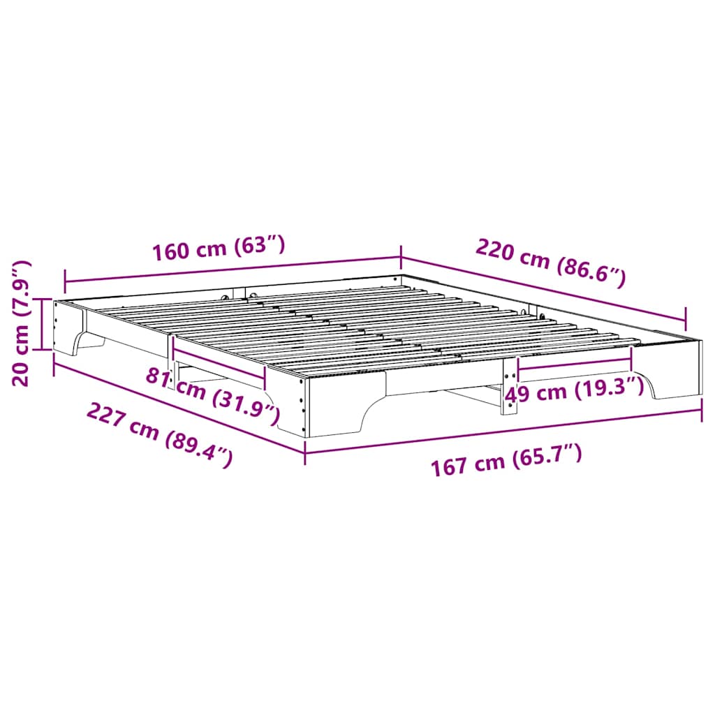vidaXL Bed Frame Brown 160 x 220 cm Solid Pine Wood