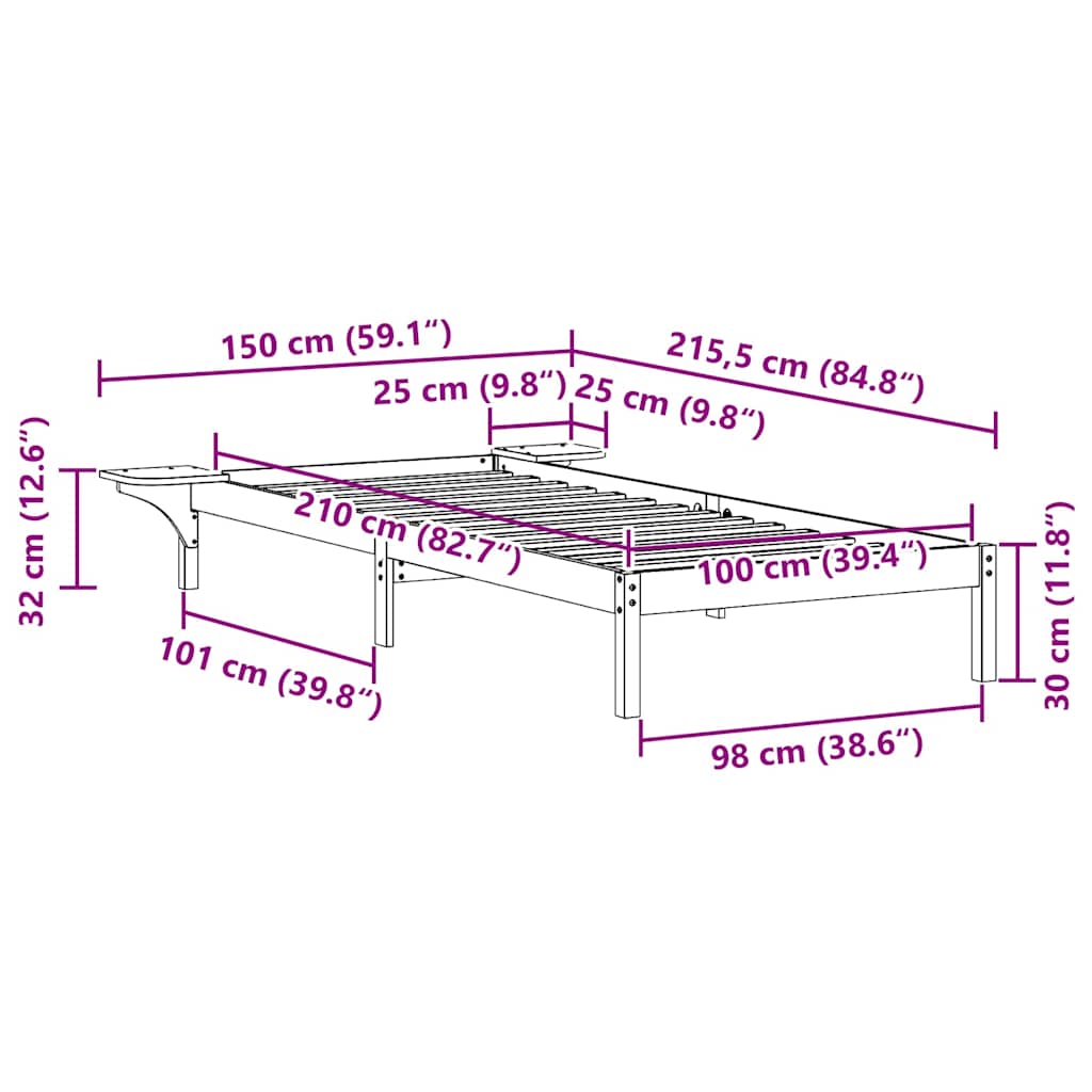 vidaXL Bed Frame with Side Tables White 100 x 210 cm Solid Pine Wood