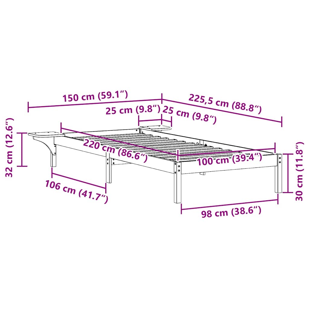 vidaXL Bed Frame with Side Tables Wax Brown 100 x 220 cm