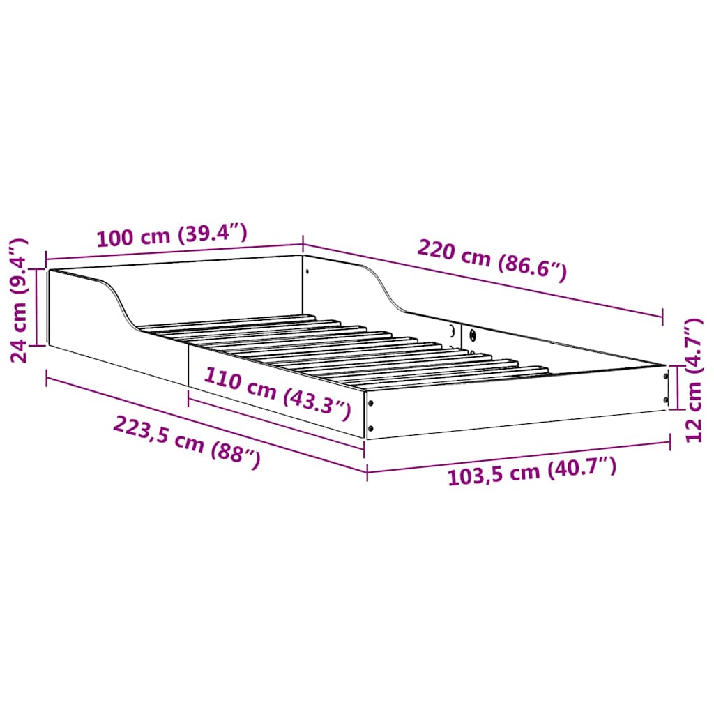 vidaXL Bed Frame Natural 100 x 220 cm Solid Pine Wood