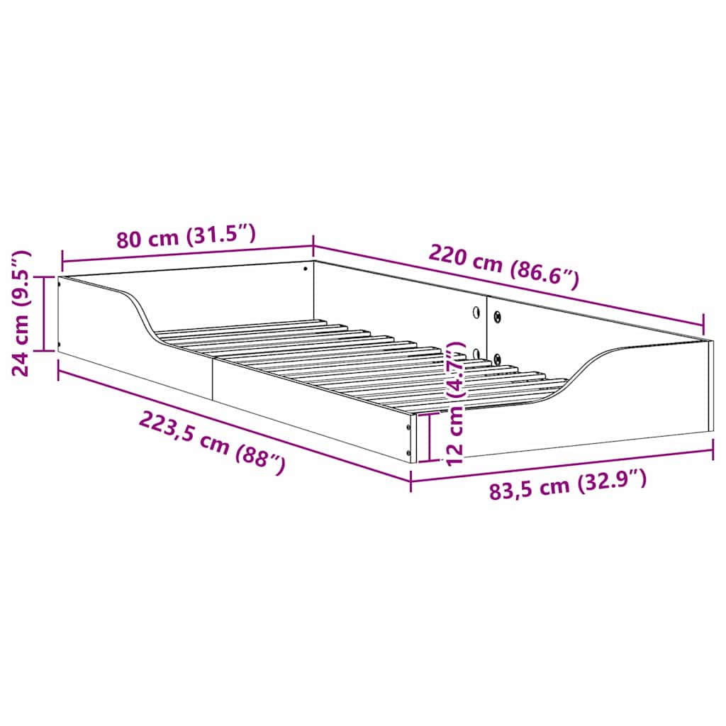 vidaXL Bed Frame White 80 x 220 cm Solid Pine Wood