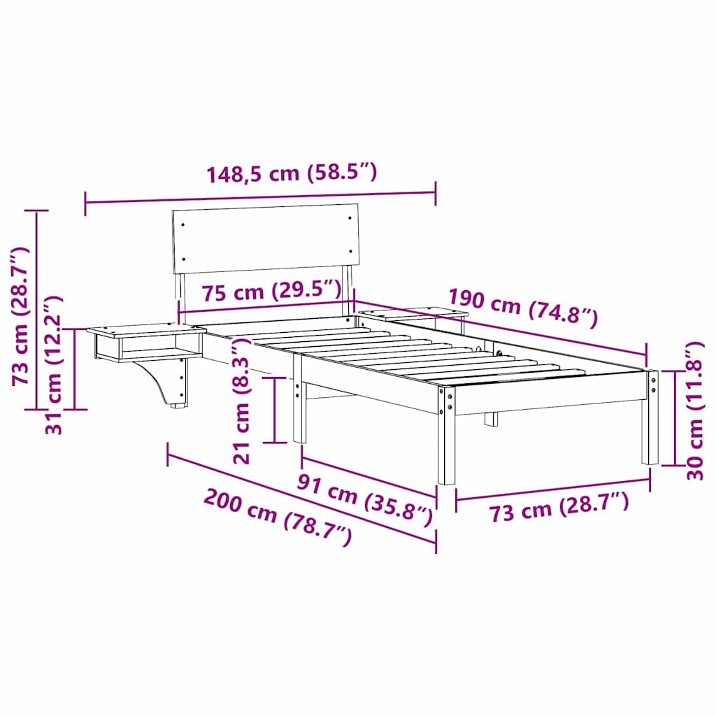 vidaXL Bed Frame with Headboard White 75 x 190 cm Solid Pine Wood