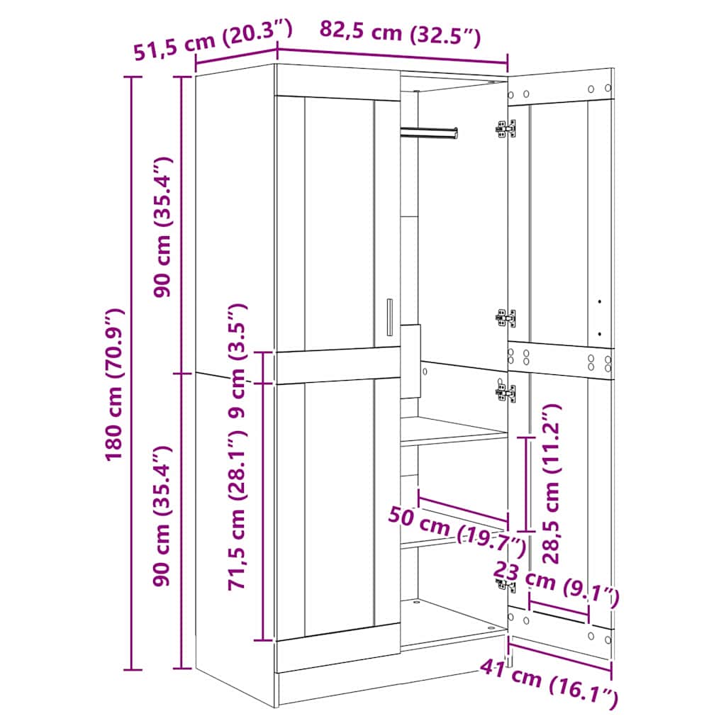 vidaXL Wardrobe Old Wood 82.5 x 51.5 x 180 cm Engineered Wood