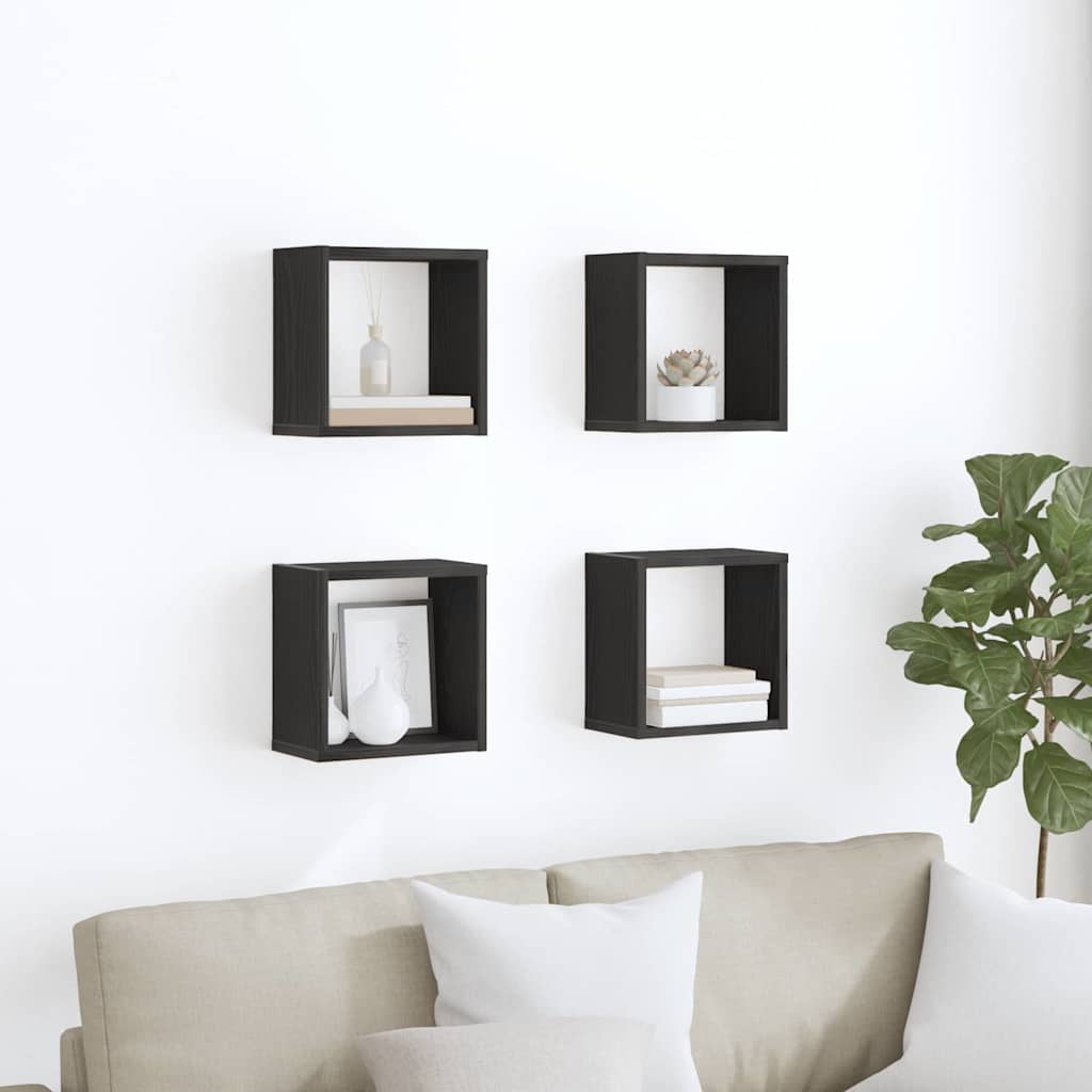 vidaXL Wall Shelves with Shelf 4 pcs Black Oak Engineered Wood