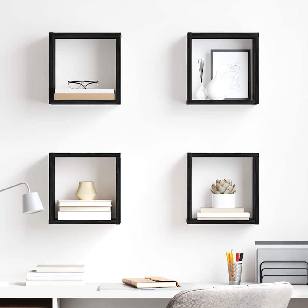vidaXL Wall Shelves with Shelf 4 pcs Black Oak Engineered Wood