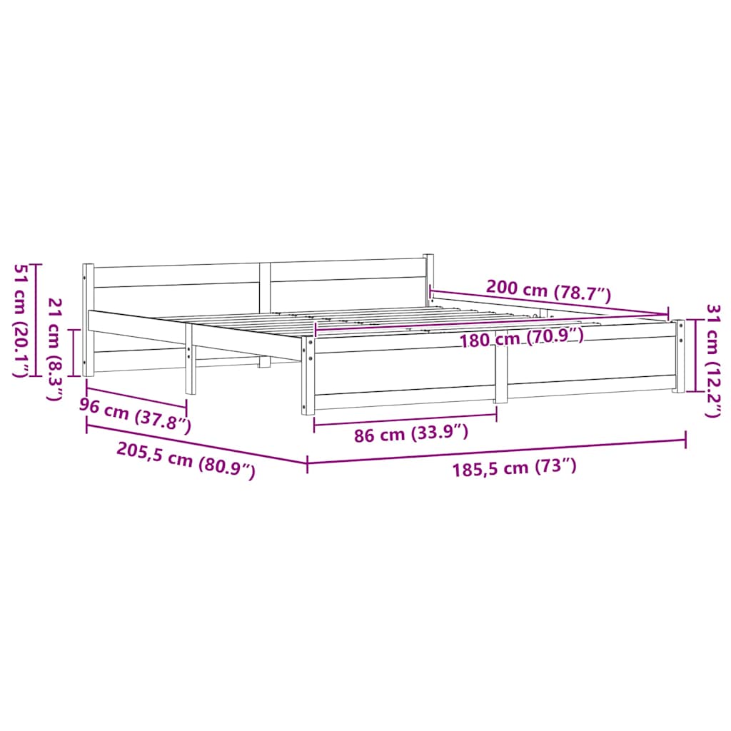 vidaXL Bed Frame Wax Brown 205.5 x 185.5 x 51 cm Solid Pine Wood