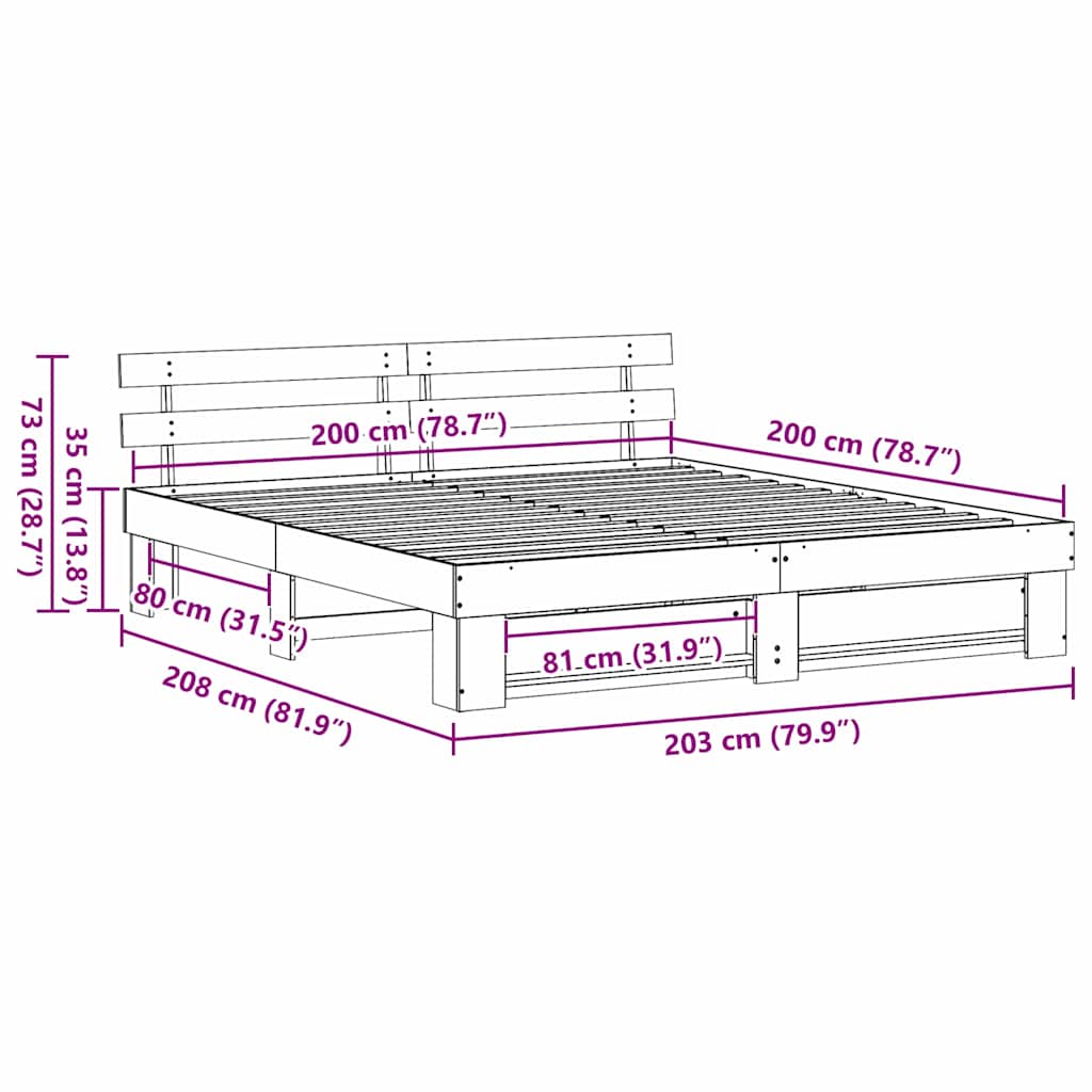 vidaXL Bed Frame with Headboard Brown 200 x 200 cm Solid Pine Wood