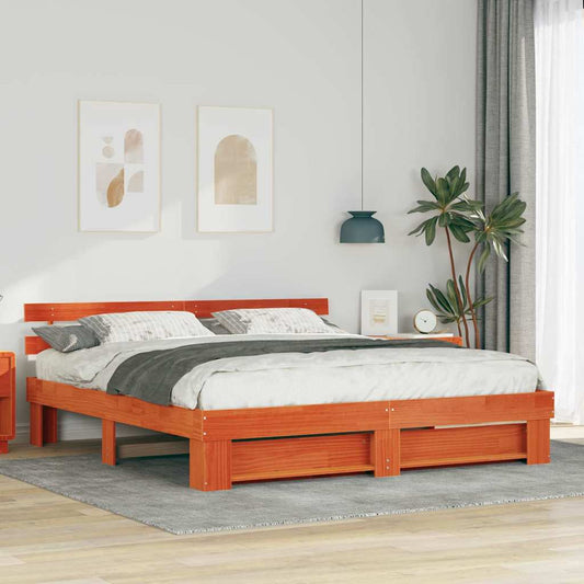 vidaXL Bed Frame with Headboard Brown 200 x 200 cm Solid Pine Wood