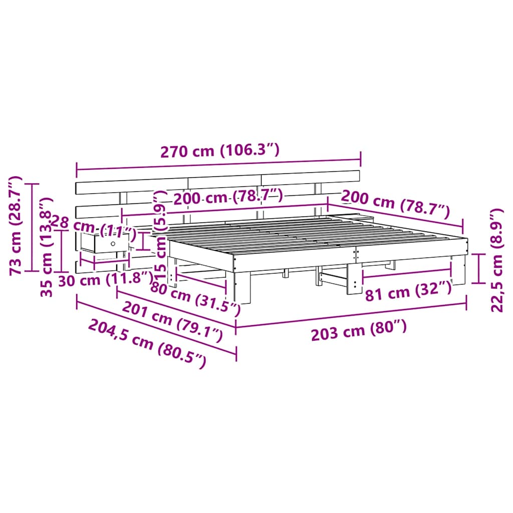 vidaXL Bed Frame with Headboard Brown 200 x 200 cm Solid Pine Wood