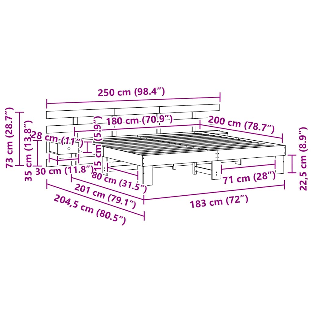 vidaXL Bed Frame with Headboard Brown 180 x 200 cm Solid Pine Wood