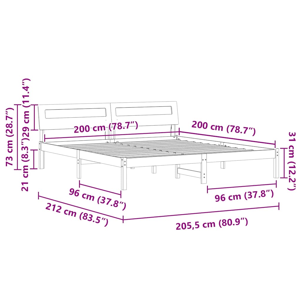 vidaXL Bed Frame with Headboard Brown 200 x 200 cm Solid Pine Wood