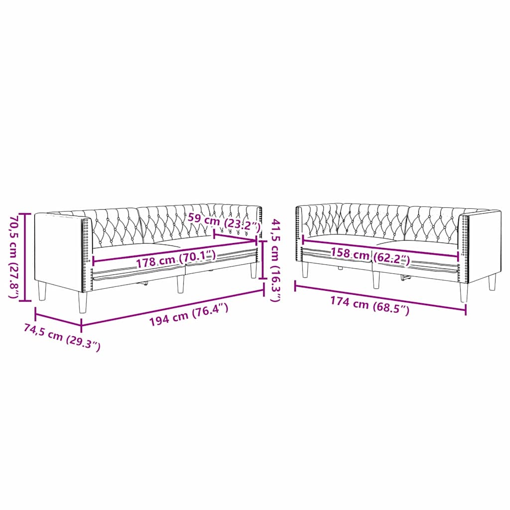 vidaXL Living Room Couch 2 pcs Black 194 x 74.5 x 70.5 cm Faux Leather