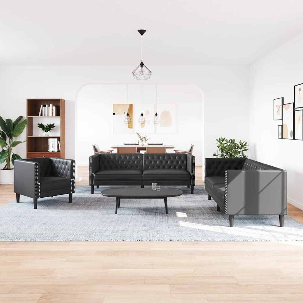 vidaXL Living Room Couch 3 pcs Black Faux Leather