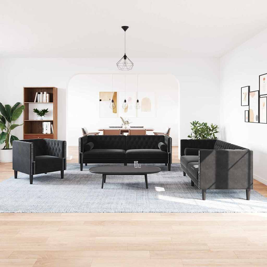 vidaXL Living Room Couch 3 pcs Black 194 x 74.5 x 70.5 cm Velvet