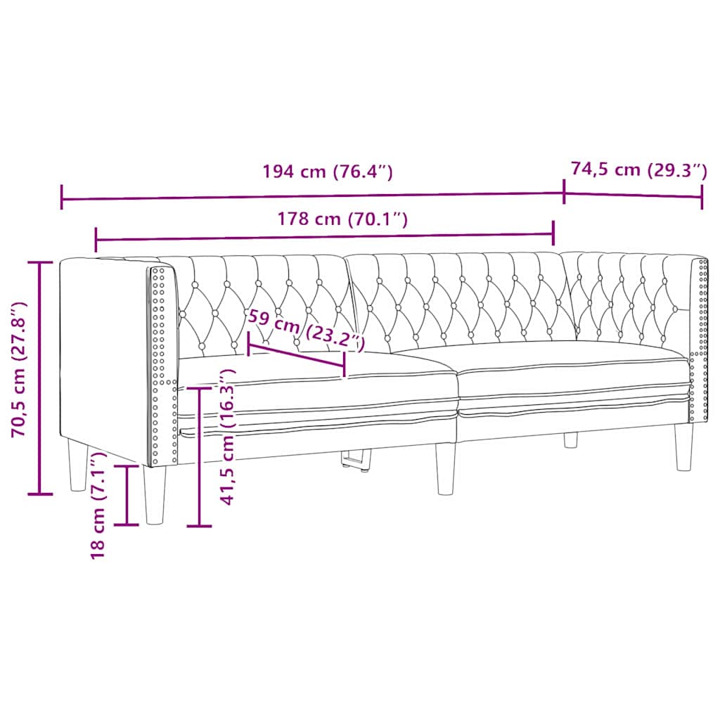 vidaXL Sofa Black 194 x 74.5 x 70.5 cm PVC