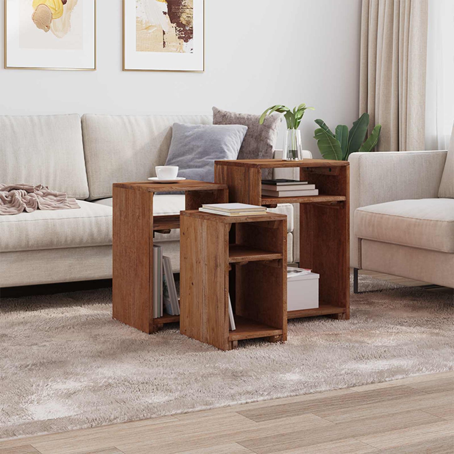 vidaXL Accent Table with Shelf 3 pcs Brown Solid Mahogany Wood