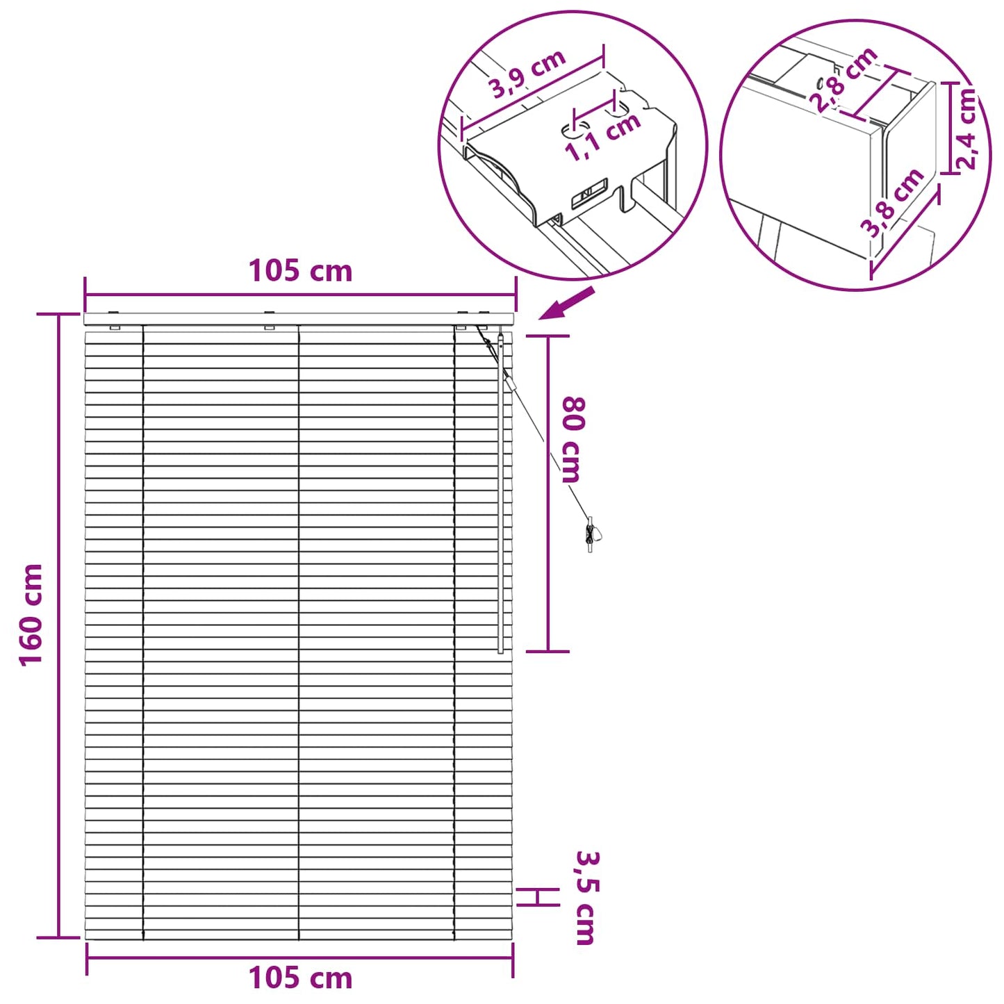vidaXL Venetian Blind Black 105 x 160 cm 35 mm Solid Paulownia Wood