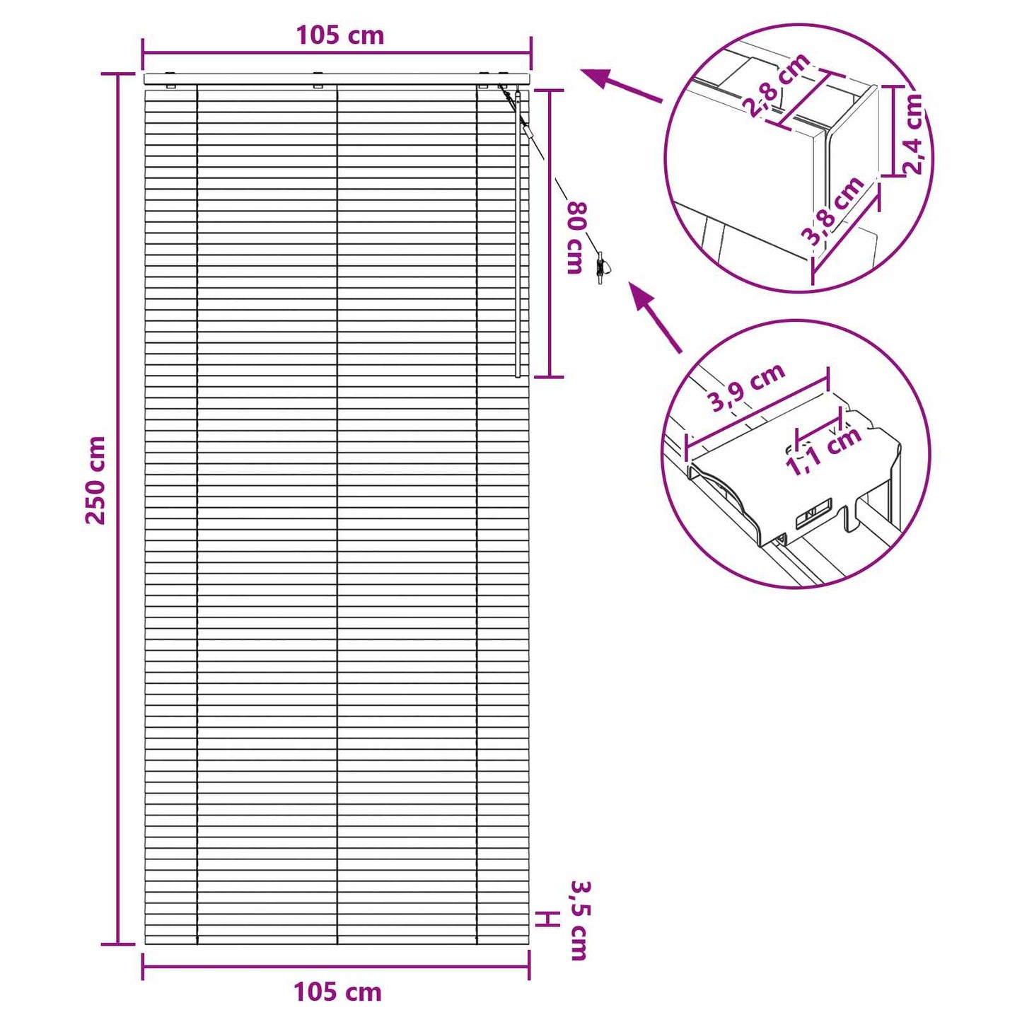 vidaXL Venetian Blind Black 105 x 250 cm 35 mm Solid Paulownia Wood