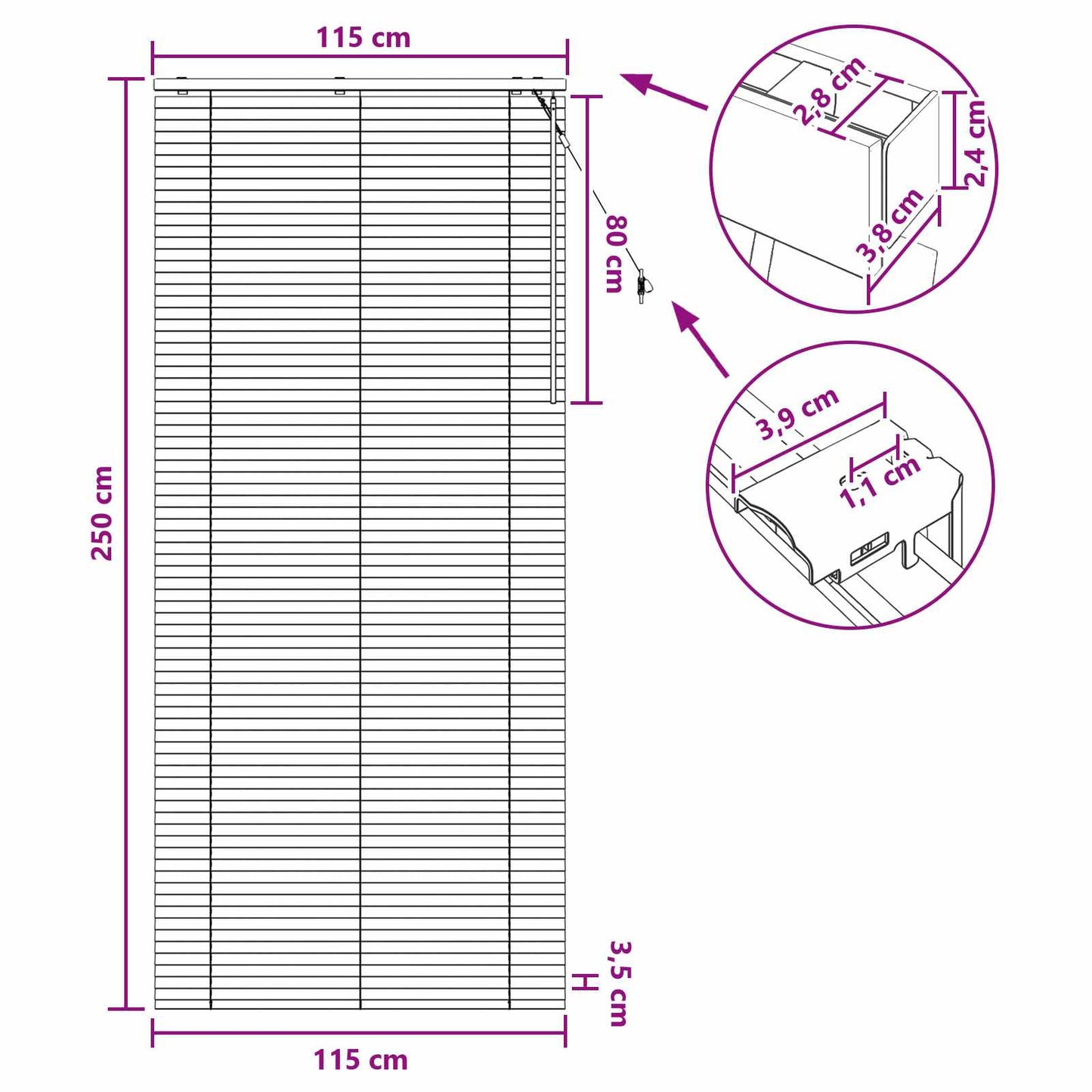 vidaXL Venetian Blind Black 115 x 250 cm 35 mm Solid Paulownia Wood