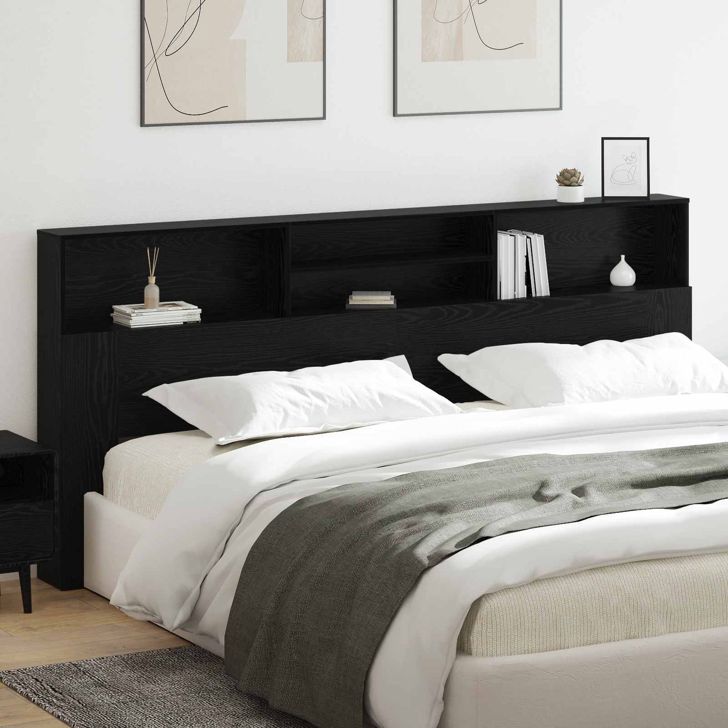 vidaXL Headboard Cabinet Black Oak 220 x 19 x 101.5 cm Engineered Wood