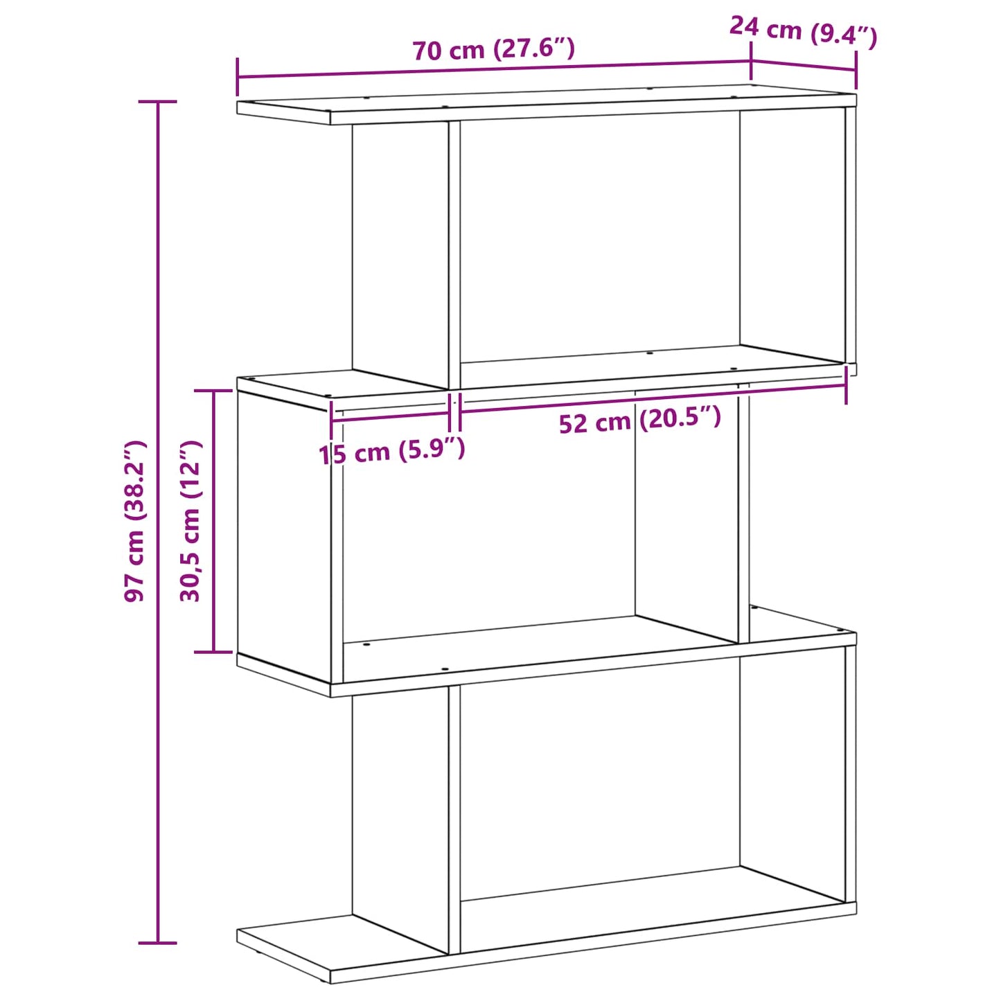 vidaXL Book Cabinet 3-Tier 70 x 24 x 97 cm Engineered Wood Black Oak