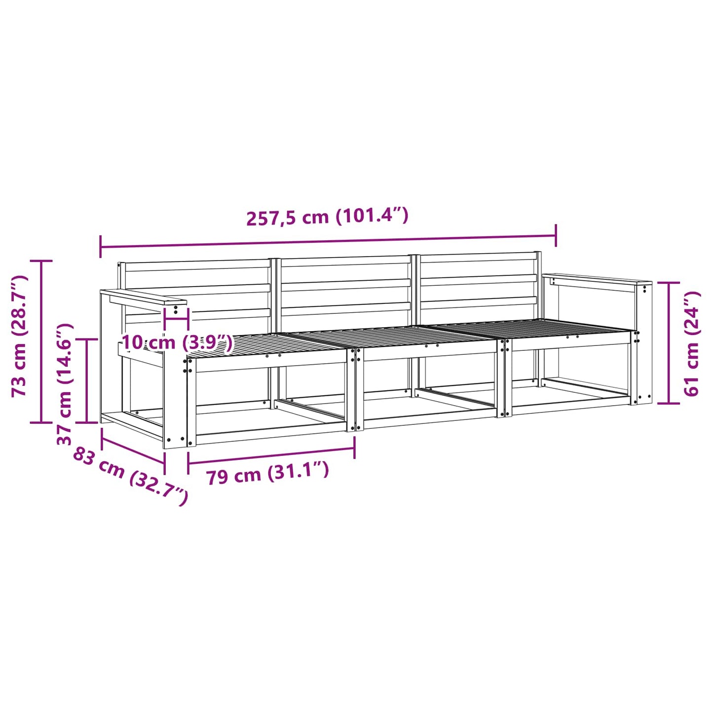 vidaXL Outdoor Sofa Set 3 pcs White 257.5 x 83 x 73 cm