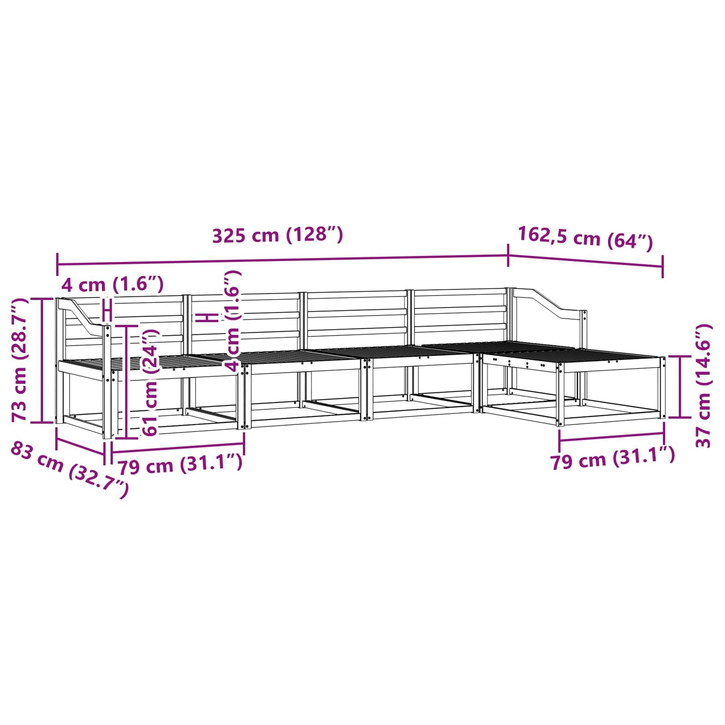 vidaXL Outdoor Sofa Set 5 pcs White 325 x 162.5 x 73 cm