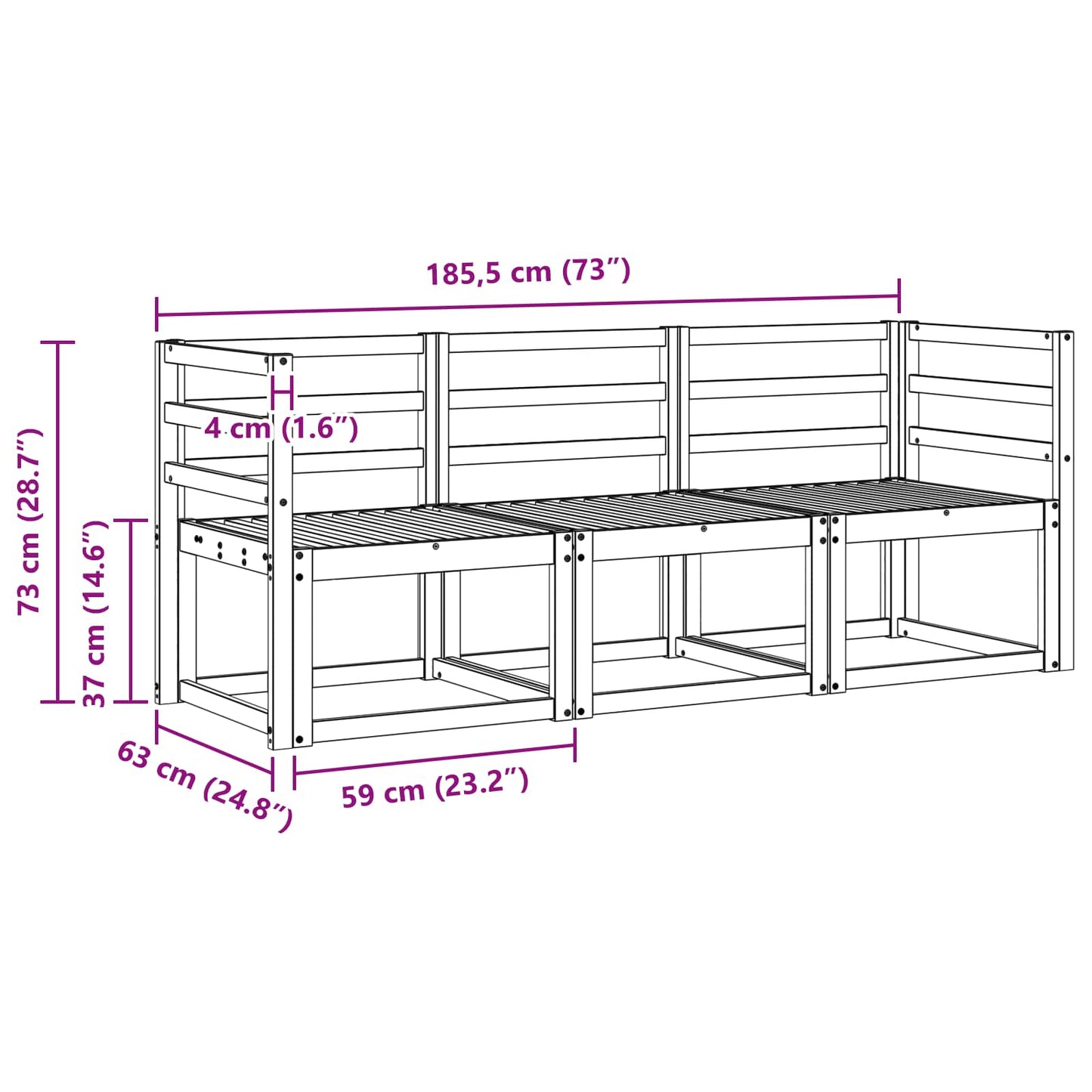 vidaXL Outdoor Sofa Set 3 pcs White 185.5 x 63 x 73 cm